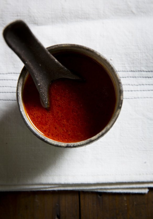 Chef Kim recommends thinning gochujang paste with water and vinegar.