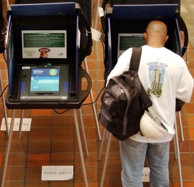 Electronic voting machines in Florida, USA, in 2004.
