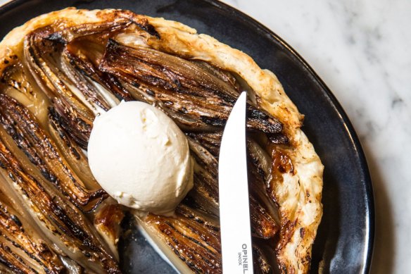 Banana shallot tarte tatin with parmesan ice-cream.