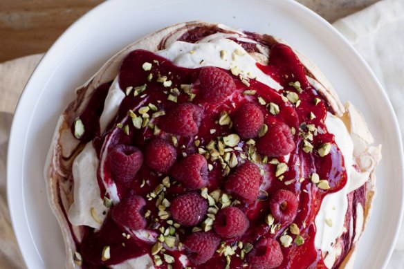 Raspberry swirl pavlova.