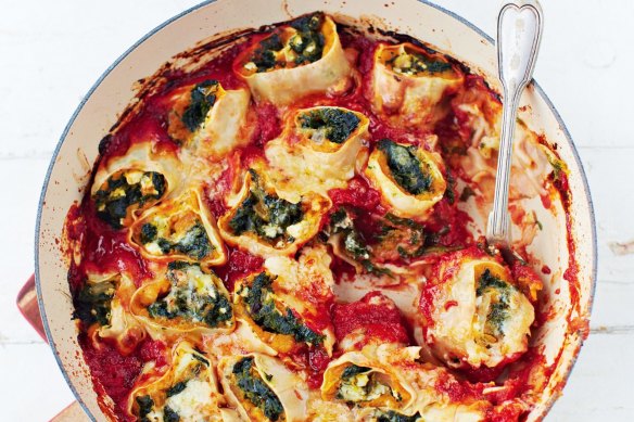 Jamie Oliver's butternut pumpkin and spinach pasta rotolo.