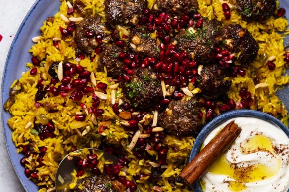 Beef koftas perched on Persian-style rice.