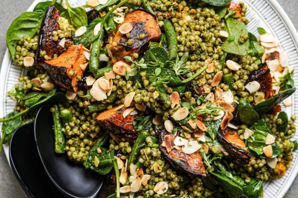 Pumpkin and pesto pearl cous cous salad.