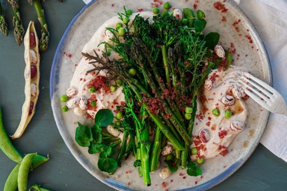 Cod roe dip with fresh and charred greens.