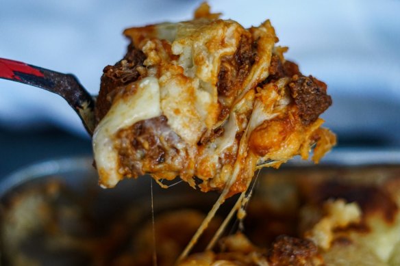 Sausage ragu lasagne detail. Lasagne recipes for Good Food August 2019. Good Food use only. Must credit Katrina Meynink.