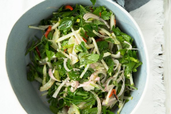 Pear and charred fennel salad with a hint of chilli.