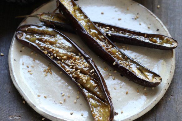 Baked eggplant with miso and sesame.