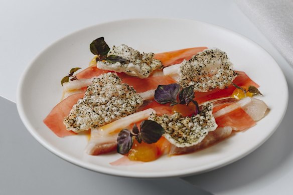 Industry Beans' Chadstone menu includes 12-hour cured kingfish with seaweed crisp and compressed papaya.