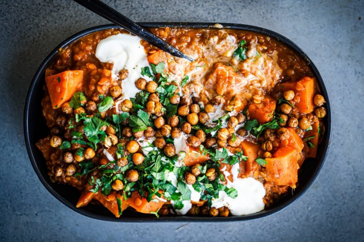 Sweet potato and lentil curry with roasted spiced chickpeas. 