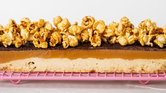 Shortbread caramel slice (with optional caramel popcorn).