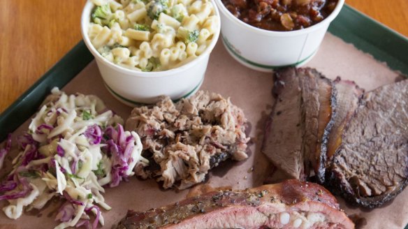 Barbecued meats, coleslaw, beans, mac 'n' cheese at Bovine & Swine.