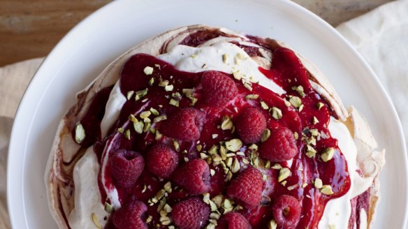 Raspberry swirl pavlova.