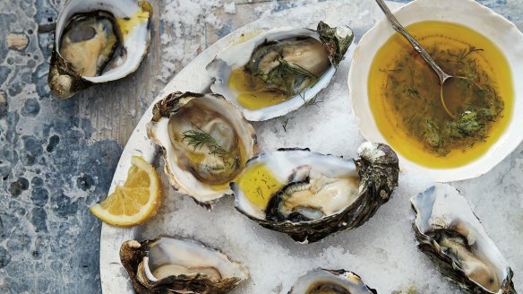 Oysters with gin and dill vinaigrette.