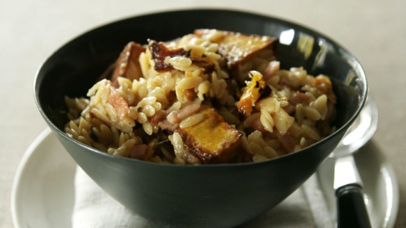 Risoni with roast pumpkin and bacon.