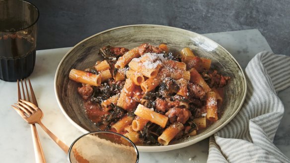 Neil Perry's rigatoni with silverbeet and sausage.