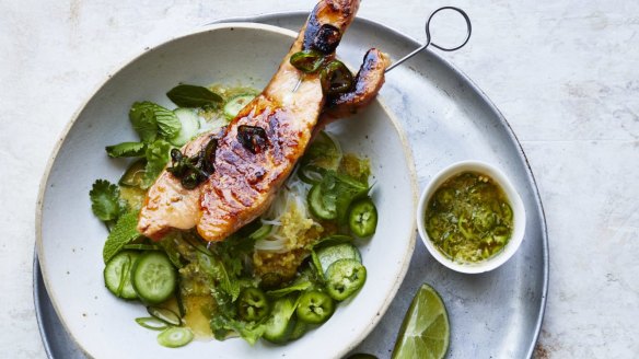 Grilled salmon skewers with green chilli and ginger.