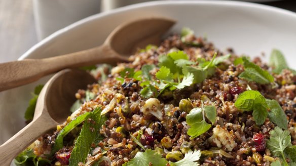 Quinoa, red rice and black lentil salad with spicy cauliflower.