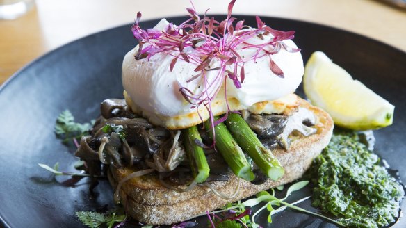 Mushrooms, salsa verde, haloumi, asparagus and poached eggs at Common Galaxia.