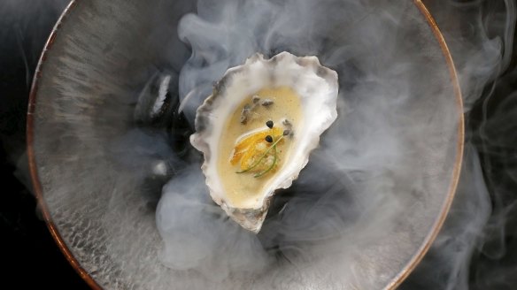 Oyster with sake sabayon and yuzu.