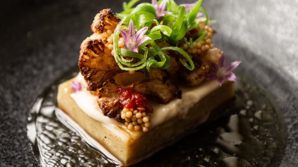 Masala cauliflower on a chickpea flour cake.