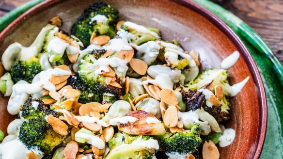 Charred broccoli, broad beans, almonds and ranch dressing.