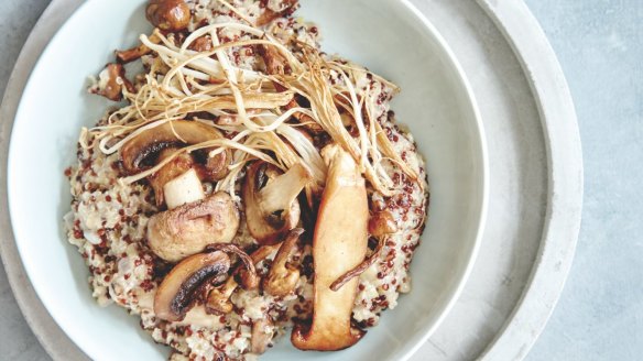 Mushroom and leek quinoa risotto with dill pesto.