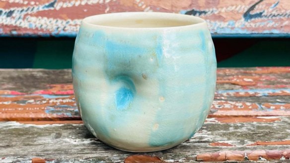 Ceramic wine cups made in Cowra by Rebecca Dowling are sold online through P&V Wine + Liquor Merchants.