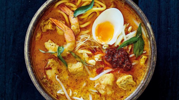 This coconut-based laksa recipe makes double the flavour-base paste (rempah).