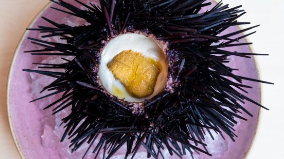 Double yeah: Taramasalata served with sea urchin inside its spiky shell.