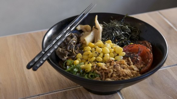 The vegan mazesoba features slow-cooked tomatoes.