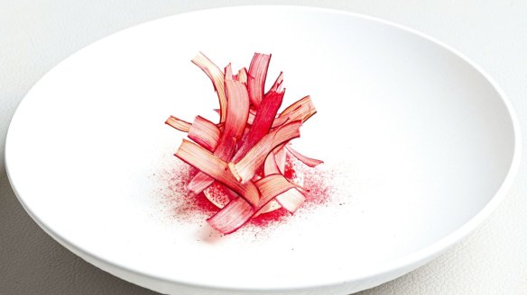 Chef Lauren Eldridge's dessert of rhubarb, yoghurt and Davidson plum at Berowra Water Inn.