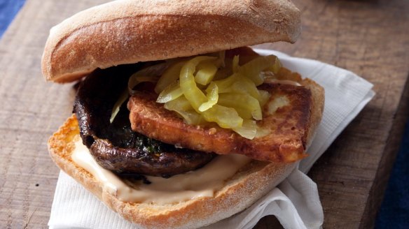 Mushroom burgers with haloumi. 