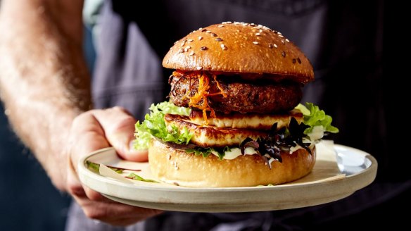 A vegetarian burger made using a legume-based patty from v2Food.