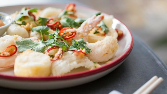 Deep-fried salt and pepper squid with prawns and silken tofu.