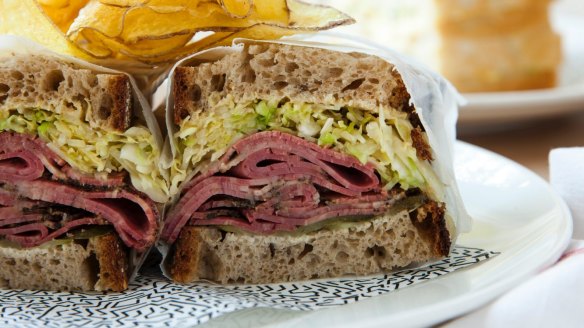 Pastrami on rye at the Dolphin Hotel, Surry Hills. Spicy brown mustard is used on the sandwich in the US.