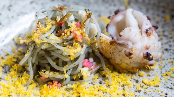 Squid, spring onion and sweet potato noodles.