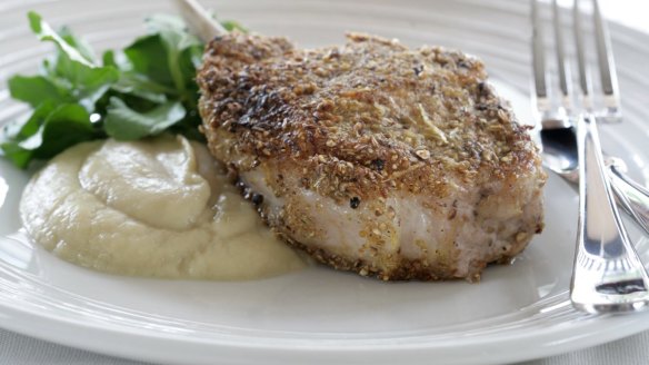 Fennel-crusted pork chops with apple-fennel puree.