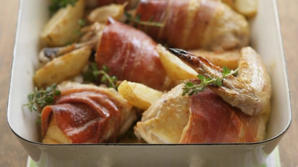 One-pan wonder: Quick roast chicken with prosciutto and potato wedges.