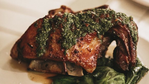 Cowra pasture-fed lamb shoulder with  warrigal greens and chimichurri.