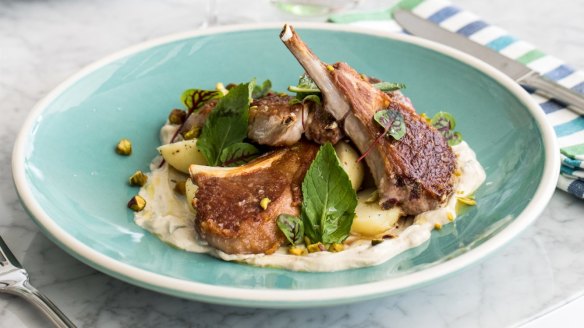 Lamb cutlets with minted yoghurt, potato and pistachio.