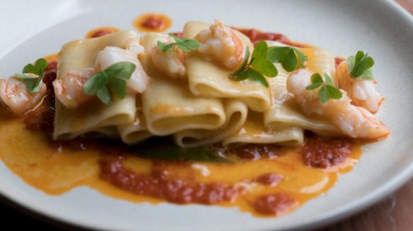 Welcome to the fold: Paccheri pasta with prawns served at Osteria Ilaria.