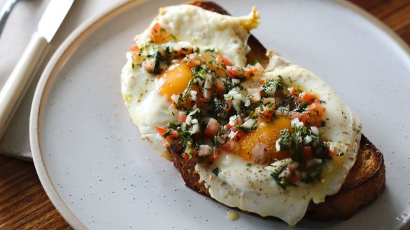Fried eggs and sauce vierge.