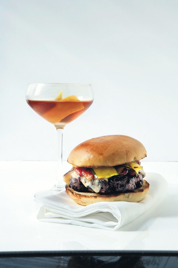 The wagyu burger and Martinez cocktail at Rockpool Bar & Grill.