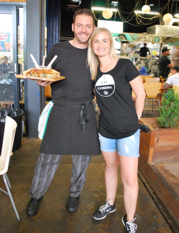 Eat Canberra founder Amelia Bidgood (right) with Tim Moustakas from Fillos Souvlaki at The Hamlet.