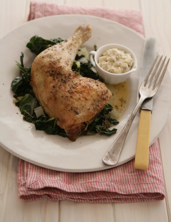 Speedy roast chicken with bread sauce and silverbeet.