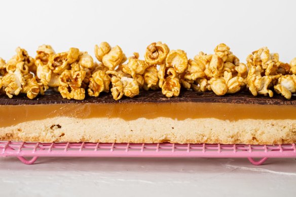 Shortbread caramel slice (with optional caramel popcorn).