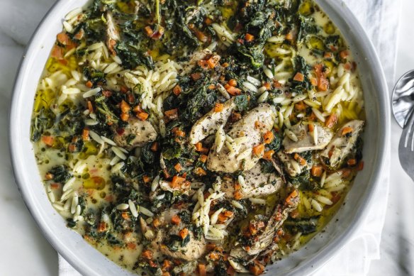 One-pot chicken, spinach and orzo stew.