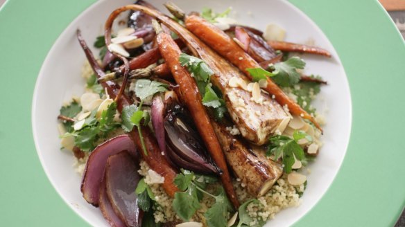 Warm roast vegetable cous cous salad.