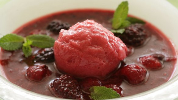 Berry soup with berry sorbet. 
