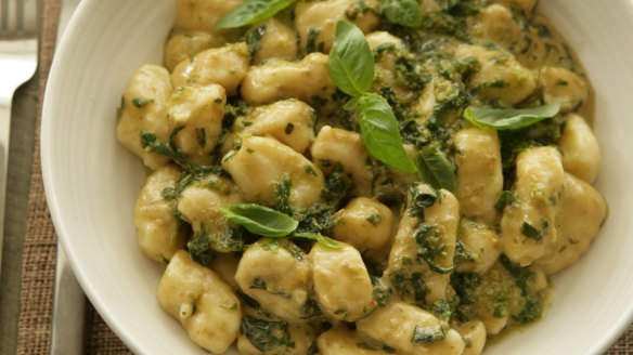 Potato gnocchi with pesto cream.